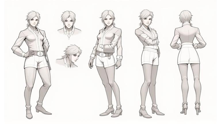 Múltiples bocetos y diseños finales de personajes de videojuegos en diferentes poses y expresiones