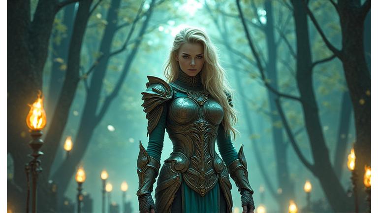 Arte conceptual de un personaje de fantasía épica, guerrero con armadura