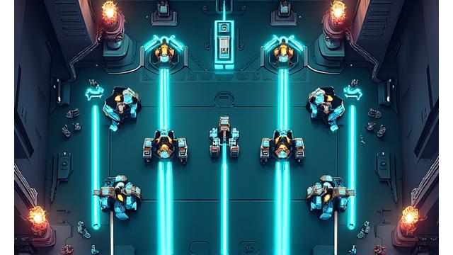 Imagen del juego Arena Aurora, un campo de batalla futurista con vehículos combatiendo