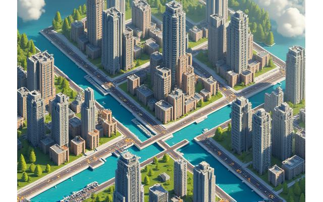 Captura de pantalla de un juego de simulación con una ciudad en crecimiento
