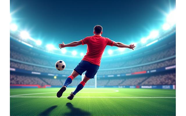 Captura de pantalla de un juego de deportes con un futbolista anotando un gol