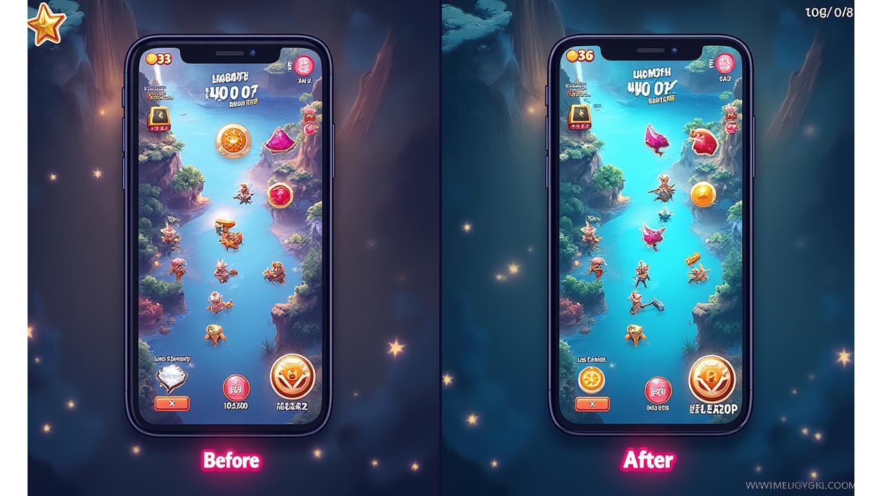 Comparación visual de una interfaz de juego móvil antes y después de la optimización UX, mostrando un aumento en la retención de jugadores.